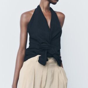 Zara Black Halter Draped Wrap Linen Tank Top